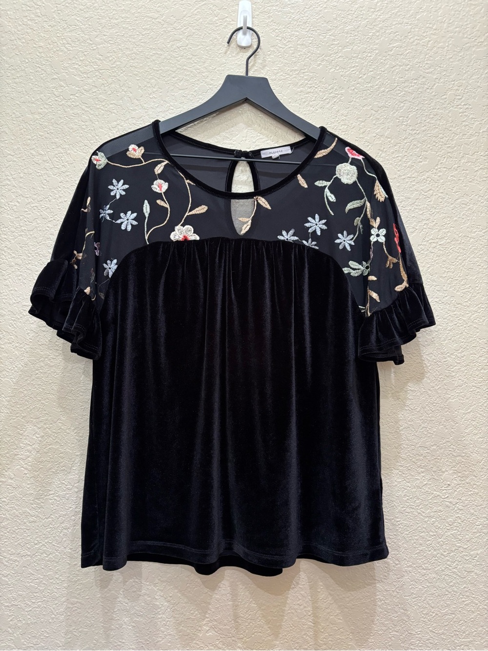 Anthropologie | Pleione Black Velvet Embroidered Floral Blouse Boho Whimsigoth